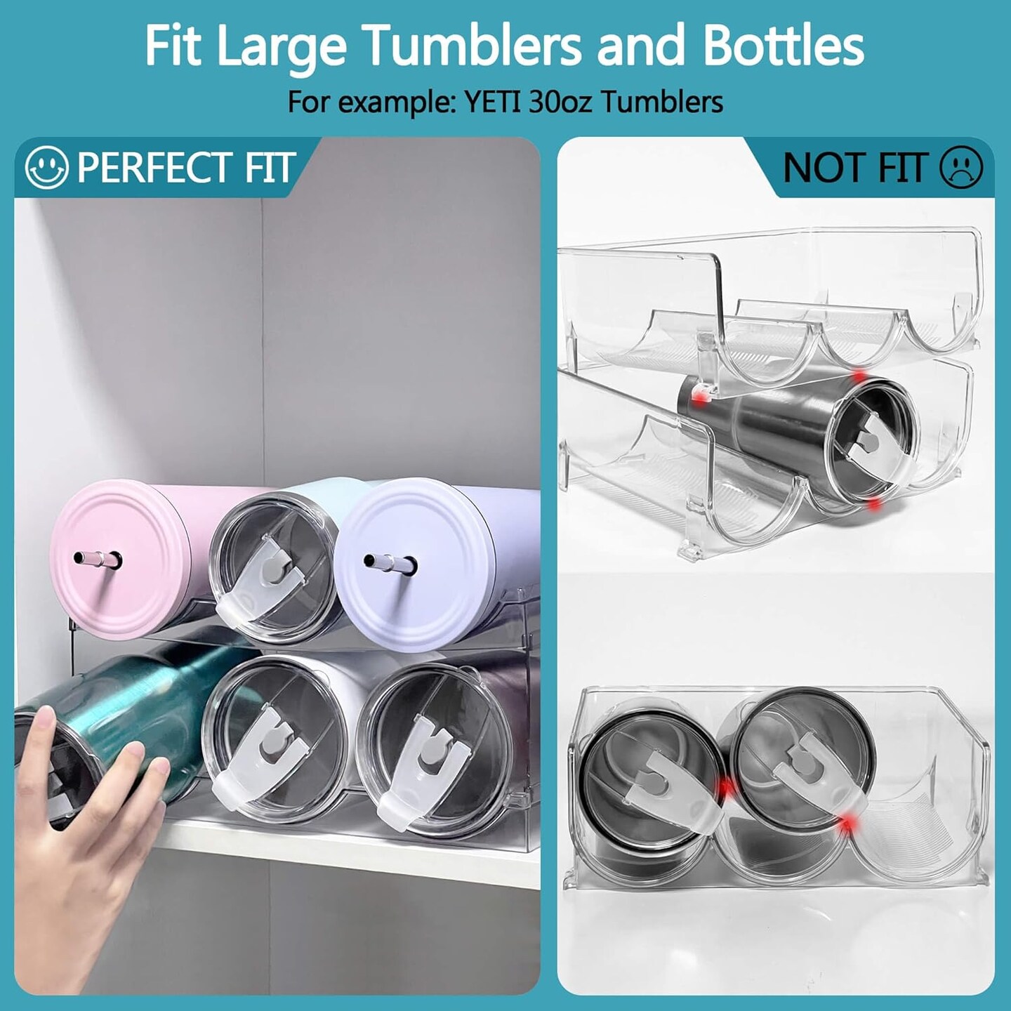 [ Large Compartment ] 3 Pack Water Bottle Organizer, Stackable Kitchen Home Organization and Storage Shelf, Plastic Water Bottle Holder for Fridge Cupboard Pantry Organizer, Tumbler Mug Cup Organizer
