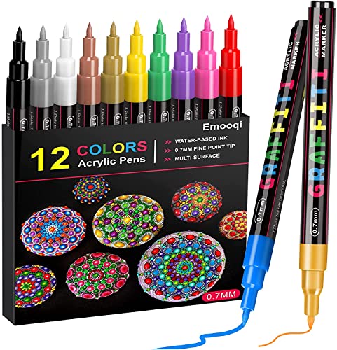 12 Colors Acrylic Paint Pens, Marker Pens for DIY Craft Projects Waterproof Paint Art Marker for Rock Painting, Ceramic, Glass,Canvas,Mug,Wood,0.7mm fine tip (12 PCS)