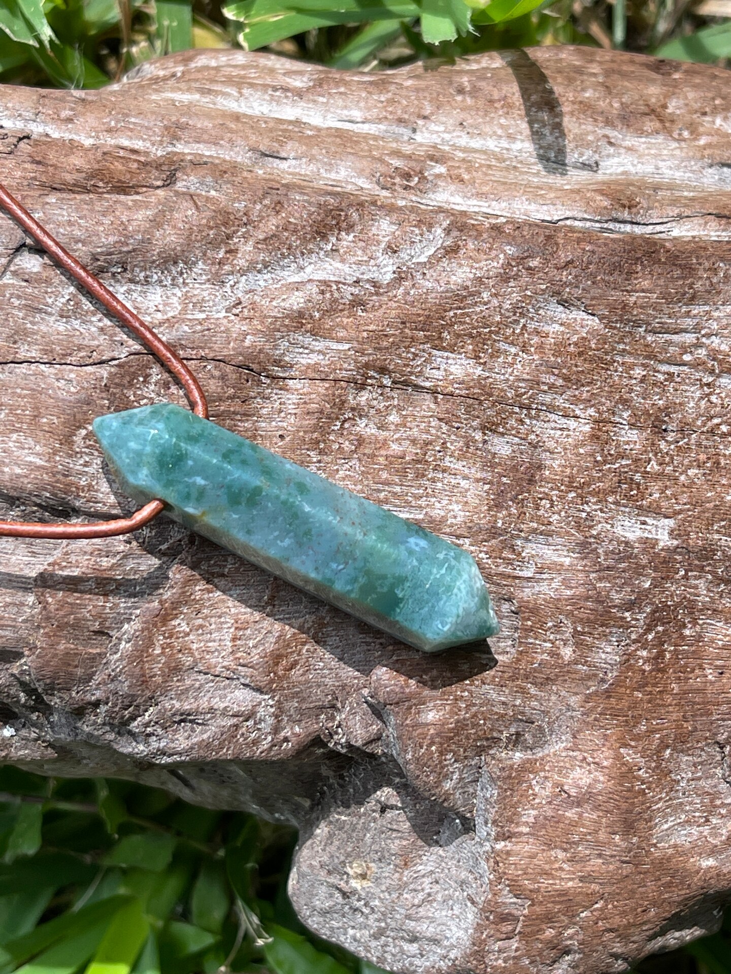 Natural Cut Green Moss Agate Crystal Point Pendant On Rustic Brown