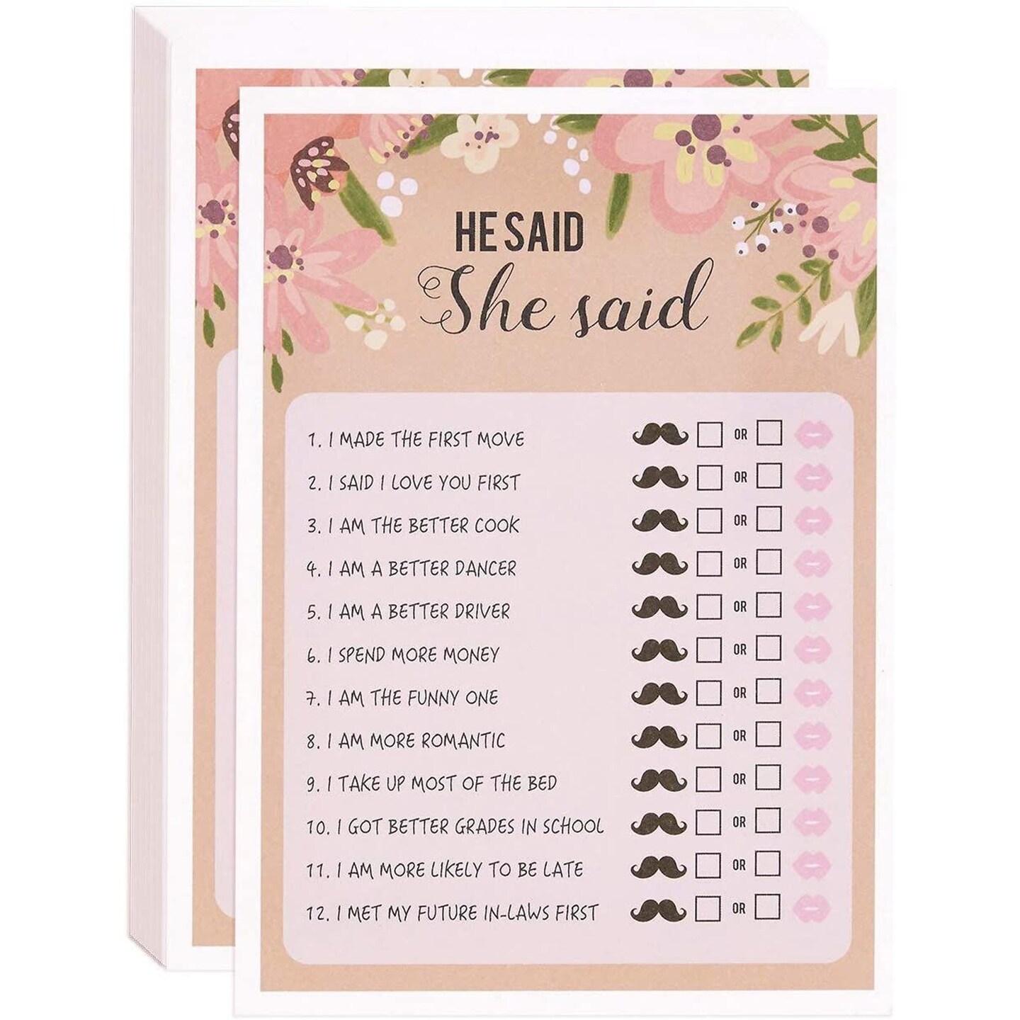 Floral Bridal Shower Games, He Said She Said Guessing Game for Wedding (50 Pack)