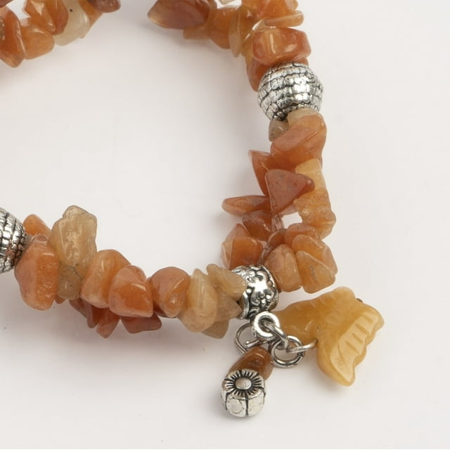 Earth's Jewels Semi-Precious Peach Aventurine Orange 2-Strand Chips Bracelet, Butterfly Charm