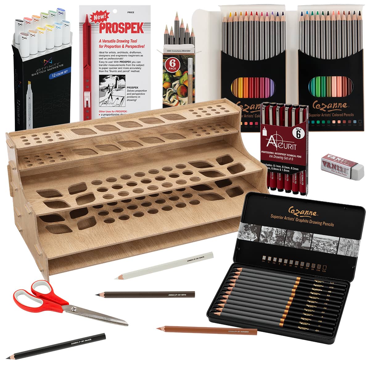 Mezzo All-In-One Drawing Bundle - Perfect Artist Drawing Set with Drawing Rack, Charcoal Pencils, Colored Pencils, Markers, Artist Tools, &#x26; More!