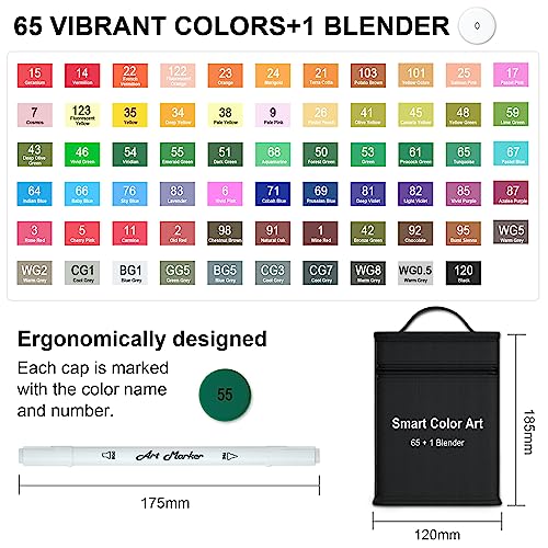 Art Markers, 65 Coloring Markers and 1 Blender, 66 Pack Alcohol Based Dual Tip Permanent Markers Highlighters with Case, Excellent for Adults Kids Coloring Marking Drawing Sketching by Smart Color Art