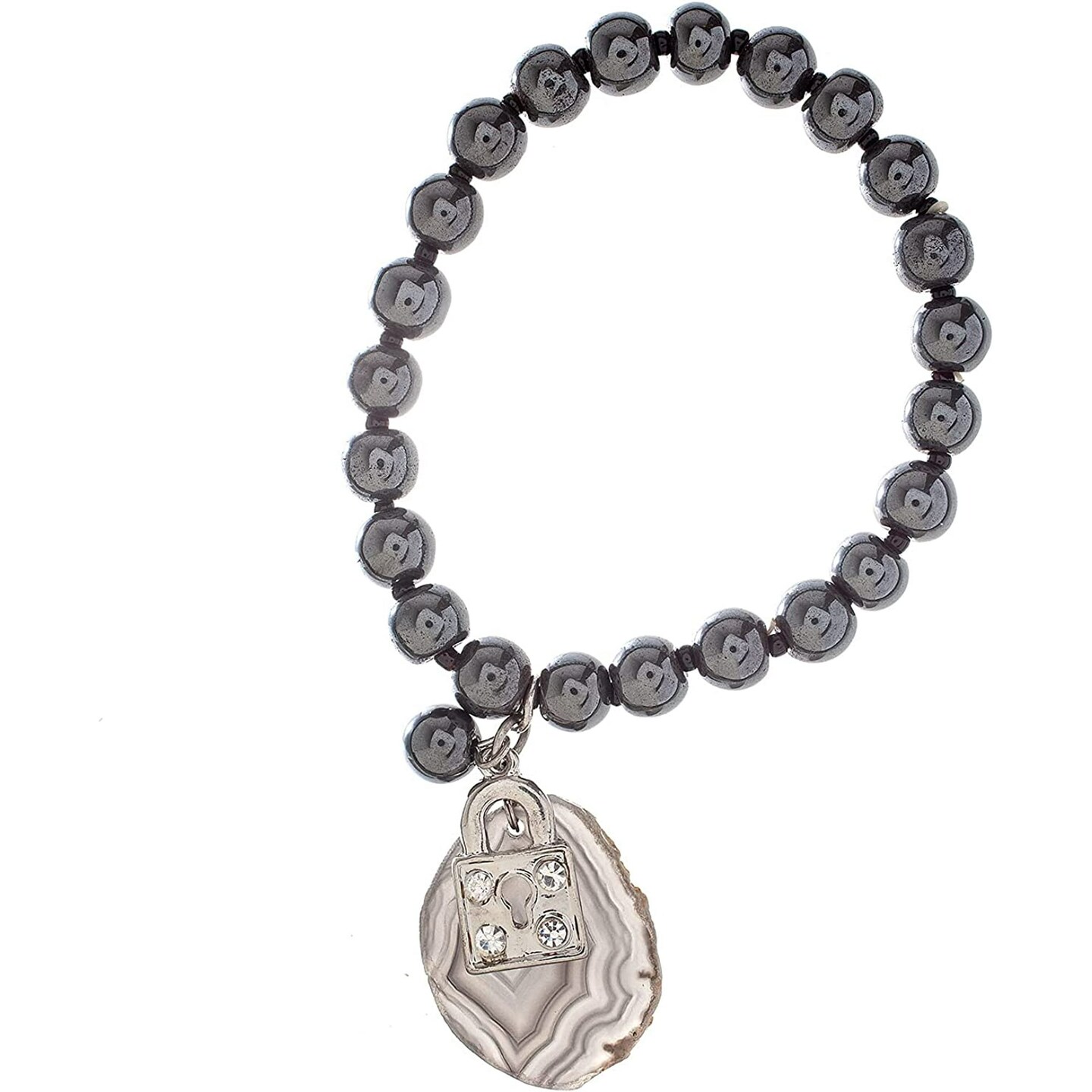 Earth's Jewels Semi-Precious Natural Hematite Grey Bracelet, Agate & Lock Charm