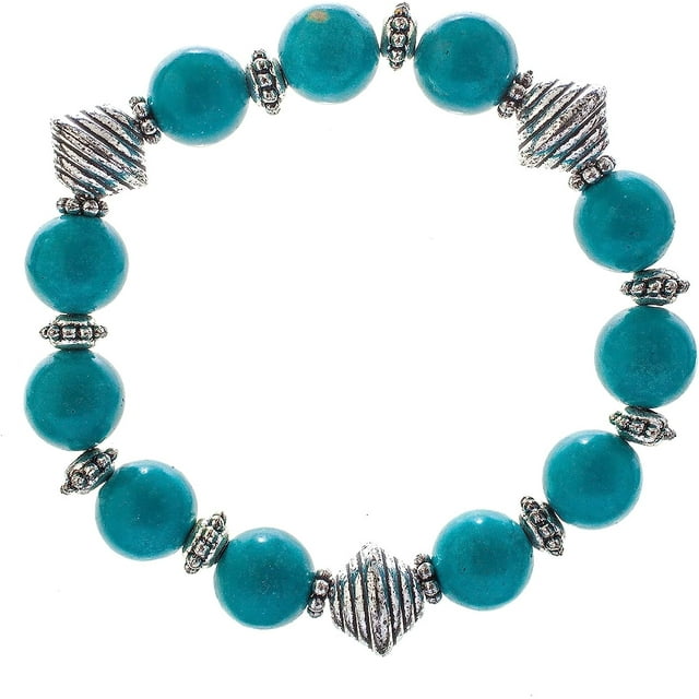 Earth&#x27;s Jewels Semi-Precious Dyed Turquoise Stretch Bracelets with Bicone Silver Spacer Beads