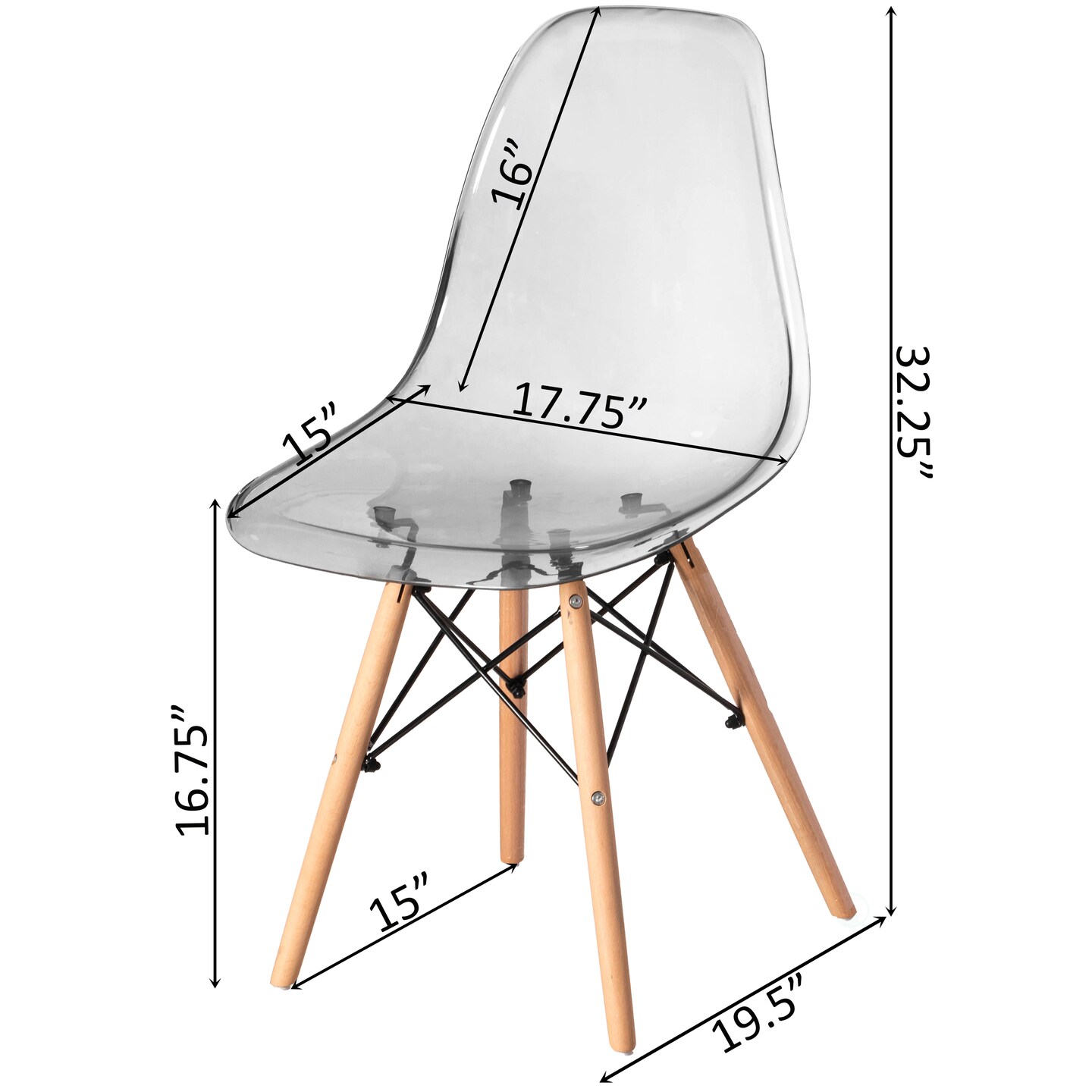 Mid-Century Modern Style Dining Chair with Wooden Dowel Eiffel Legs, DSW Transparent Plastic Shell Accent Chair