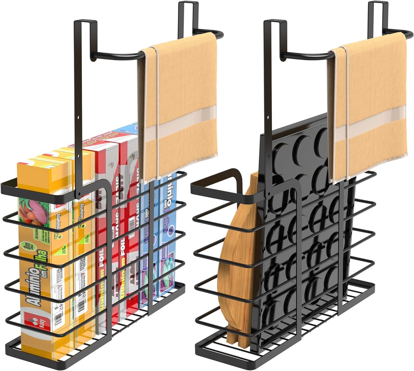 2 Pack Cabinet Door Organizer - Cutting Board Holder Rack with Towel Bar, Over Cabinet Door Storage for Foil, Plastic Wrap, Baking Sheet Kitchen Organizer
