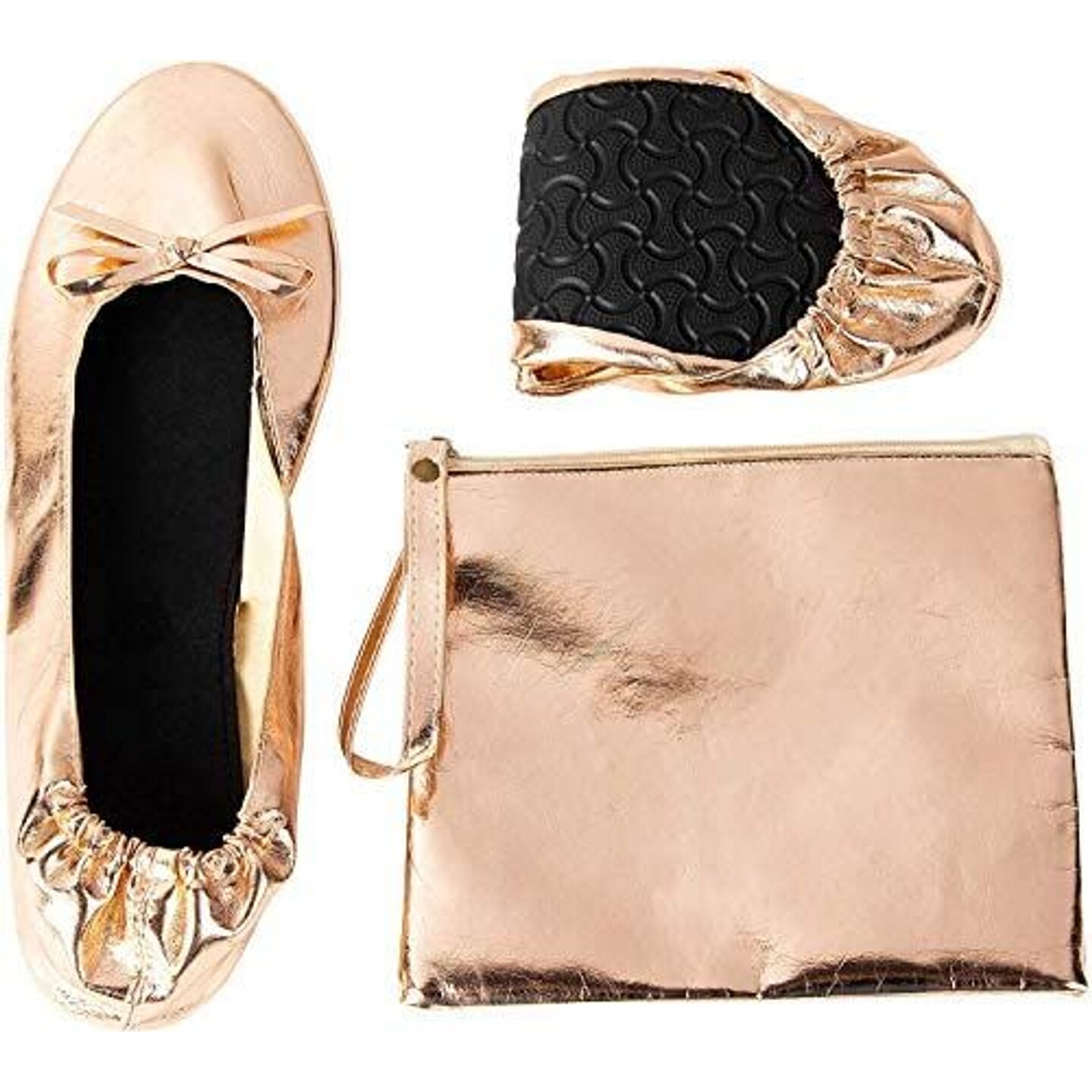 Rose Gold Foldable Ballet Flats for Women, Roll Up Flats with Zipper Pouch, US Size 8.5-9.5