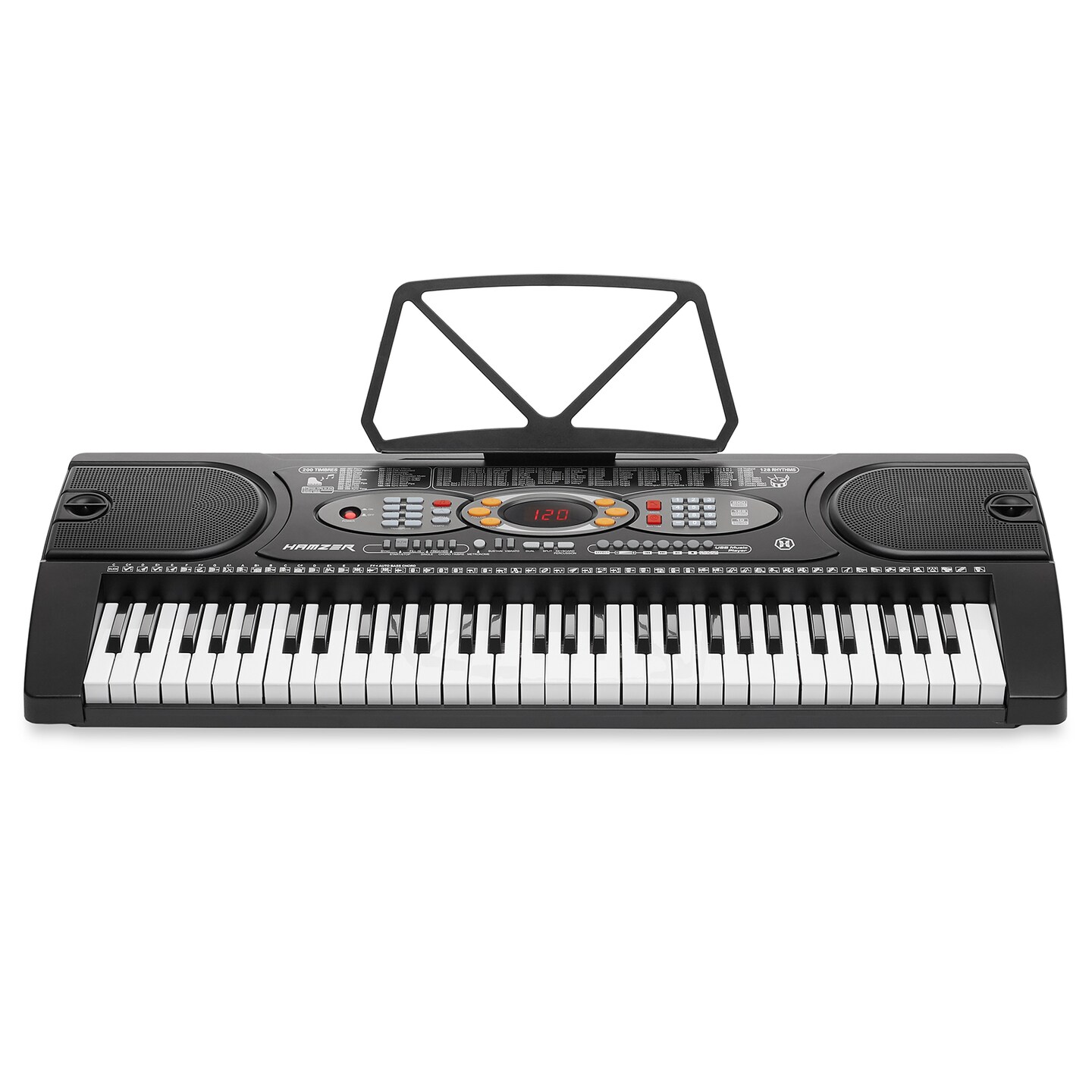 Hamzer 61-Key Electronic Keyboard Portable Digital Music Piano with H-Stand, Stool, Headphones, Microphone, &#x26; Sticker Set