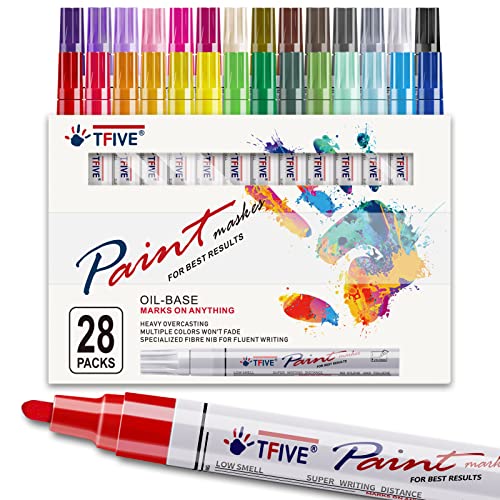 28 Color Paint Markers Pens Set, Oil-Based Permanent Paint Marker, Medium Tip, Quick Dry and Waterproof Paint Pen for Rock Painting, Ceramic, Wood, Fabric, Plastic, Canvas, Glass, Mugs, Scrapbooking
