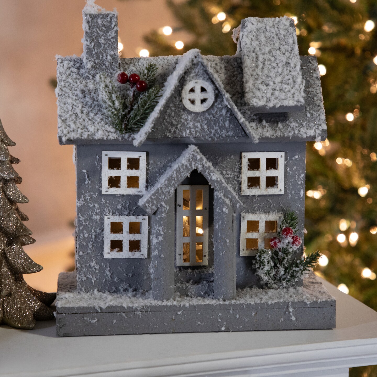 Northlight Lighted Snowy House Christmas Decoration - 11" - Gray