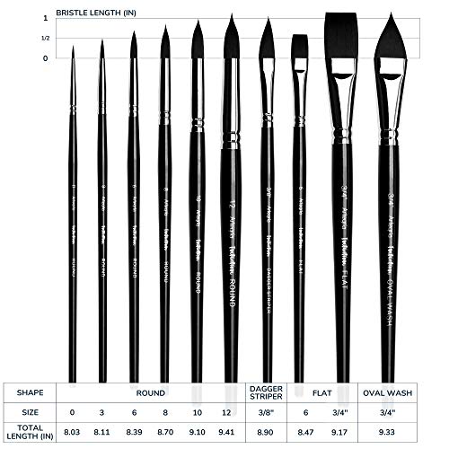Watercolor Brush Set - 10 Professional Watercolor Paint Brushes for Artists - Soft Synthetic Squirrel Hair, Short Handles: Pointed Rounds, Flats, Dagger, Oval Wash for Water Color, Gouache