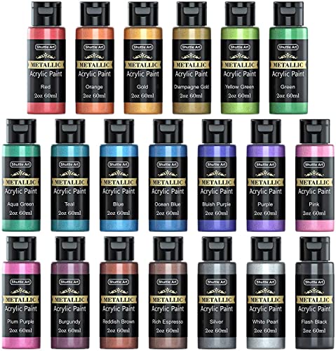 Shuttle Art Metallic Acrylic Paint Set, 20 Colors Metallic Paint in Bottles  (60ml, 2oz) with 3 Brushes and 1 Palette, Rich Pigments, Non-Toxic for  Artists, Begi…