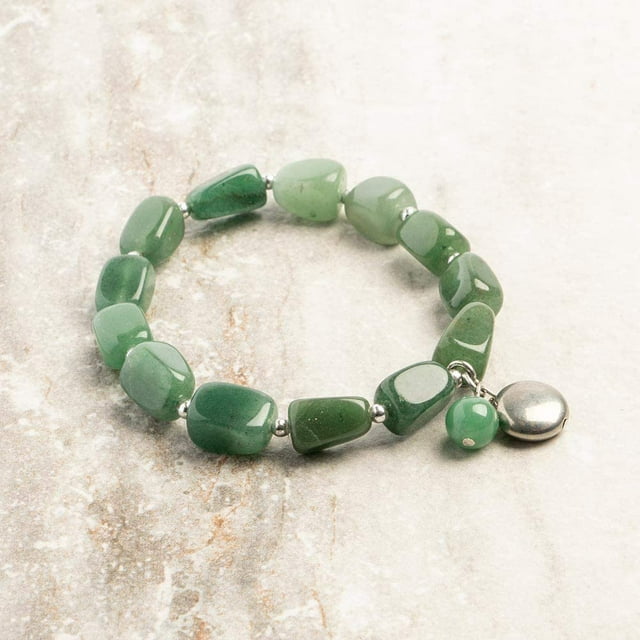 Earth&#x27;s Jewels Semi-Precious Aventurine Natural Green Gemstone Bracelet, Silver Round Charm