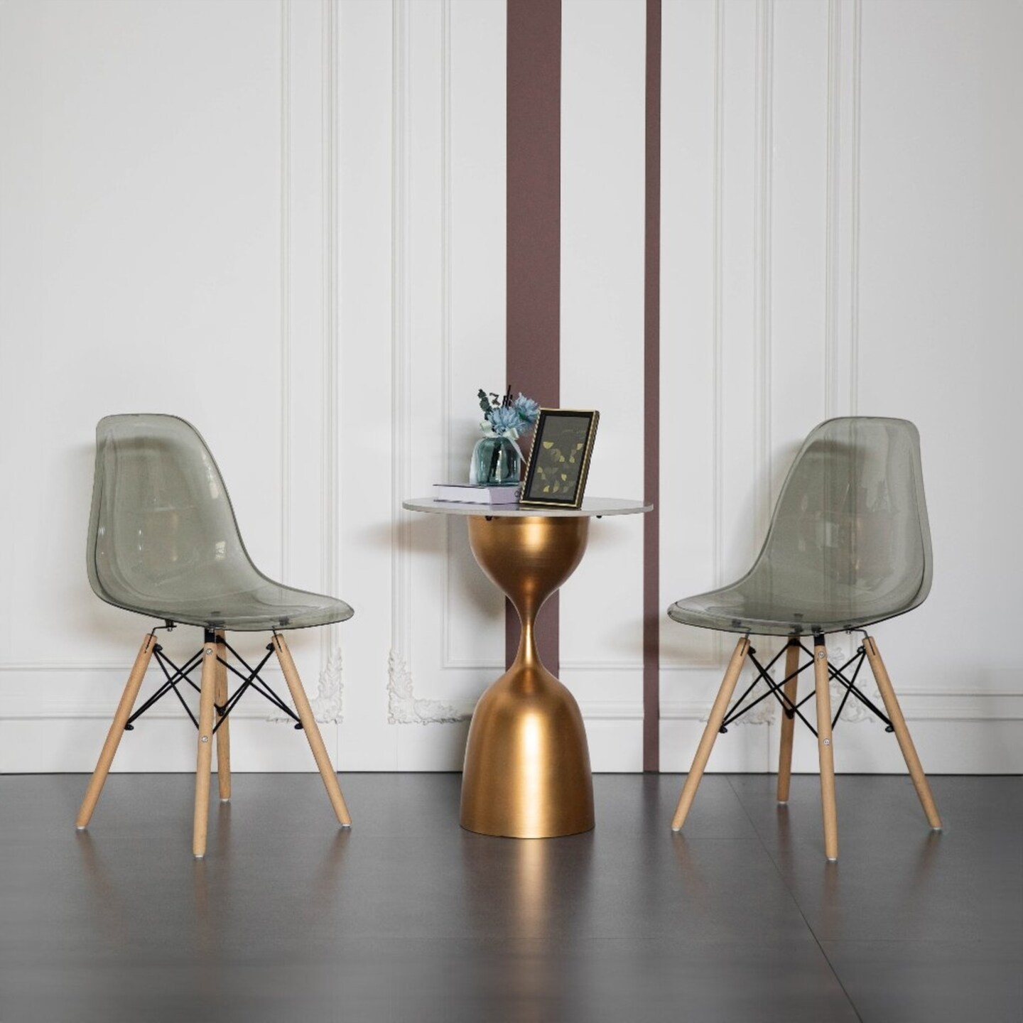 Mid-Century Modern Style Dining Chair with Wooden Dowel Eiffel Legs, DSW Transparent Plastic Shell Accent Chair