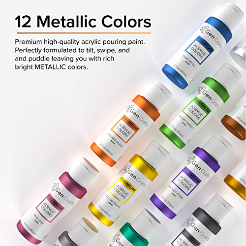 Metallic Acrylic Pouring Paint Set of 12 Metallic Colors - Pre-Mixed High Flow &#x26; Ready to Pour - 2 oz./59 ml Bottles - Multi-Purpose Paints for Canvas &#x26; Paper, Rocks, Wood
