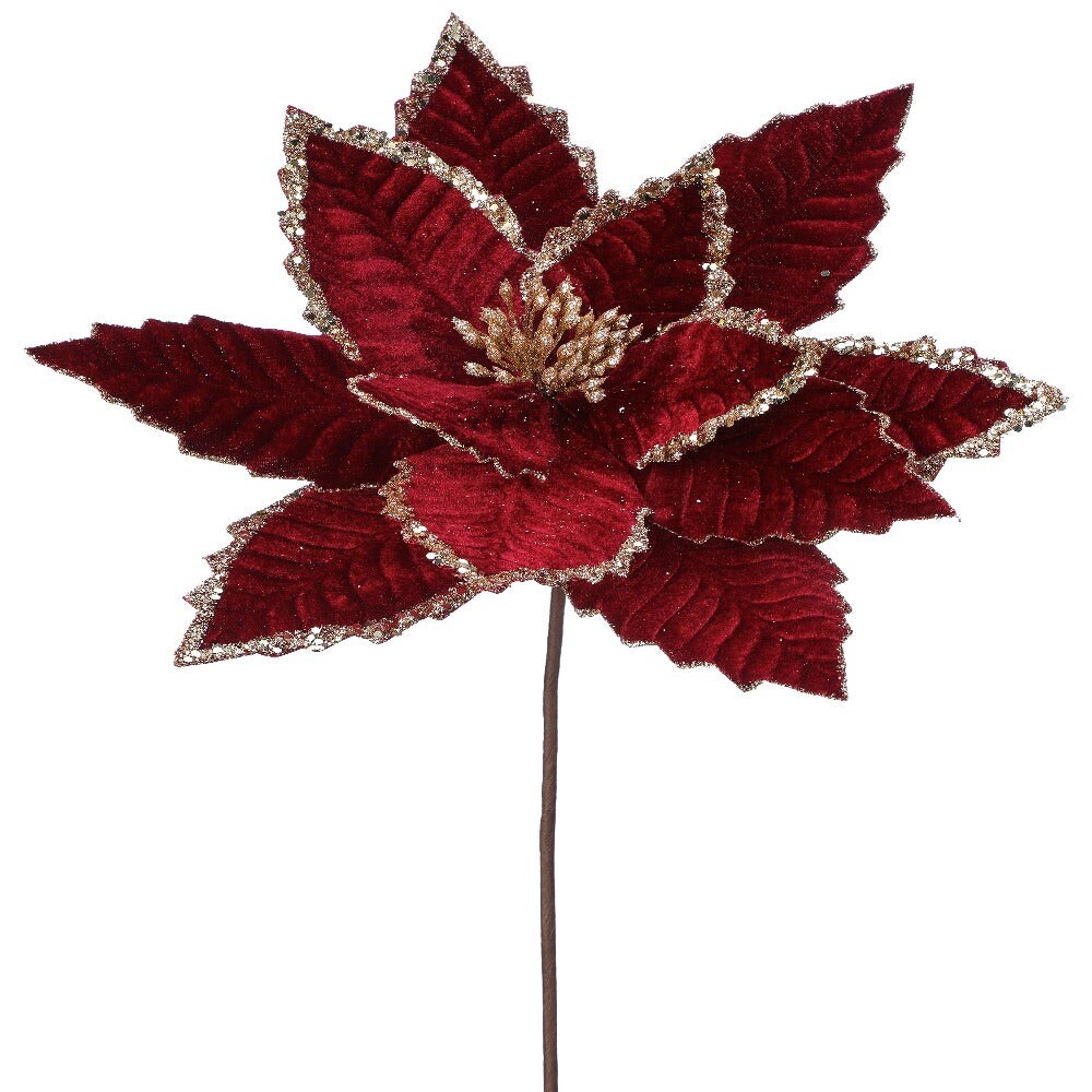 24&#x22; Burgundy Bead/Sequin Edge Poinsettia Stem - Elegant Christmas Floral Decoration