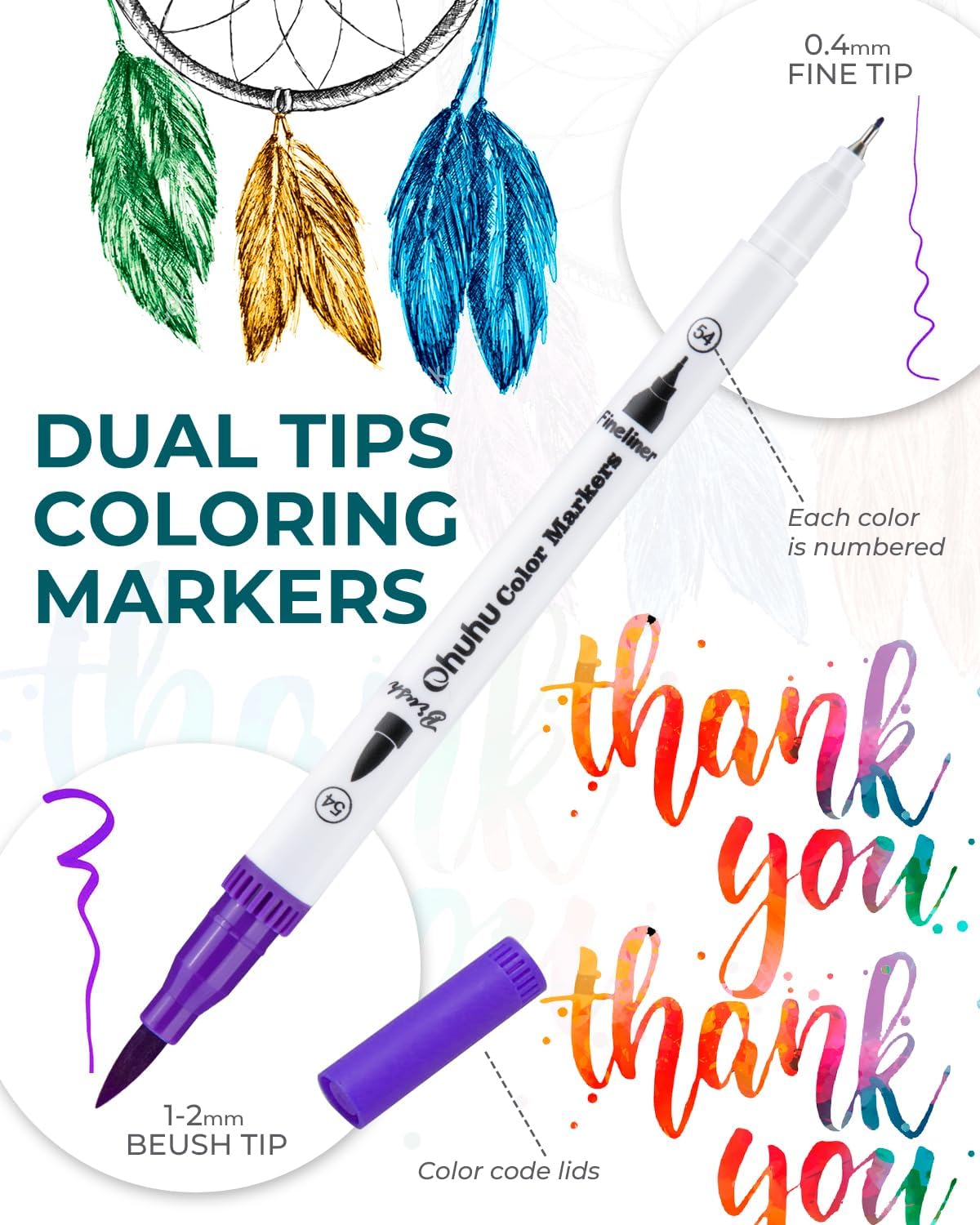 Ohuhu Markers for Adult Coloring Books: 60 Colors Coloring Markers Dual Tips Fine &#x26; Brush Pens Water-Based Art Markers for Kids Adults Drawing Sketching Bullet Journal Non-bleeding - Maui - White