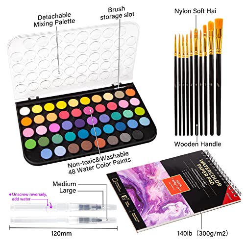 Watercolor Paint Set,Briout 48 Colors Watercolor with 10 Paint Brushes,2  Refillable Water Brush Pen, 12 Sheets of Profesionales Watercolor Paper