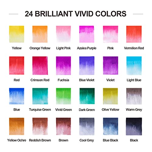 Watercolor Brush Pens, 24 Colors Flexible Real Nylon Brush Tip Pens for Watercolor Painting, 1 Blending Brush, Paint Markers for Artists and Beginner Painters Coloring Books, Calligraphy