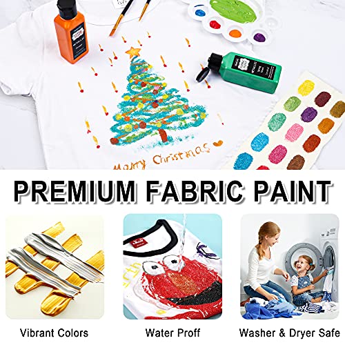 Fabric Paint, Shuttle Art 18 Colors Permanent Soft Fabric Paint in Bottles  (60ml/2oz) with Brushes, Palette, Stencils, Non-Toxic Textile Paint for