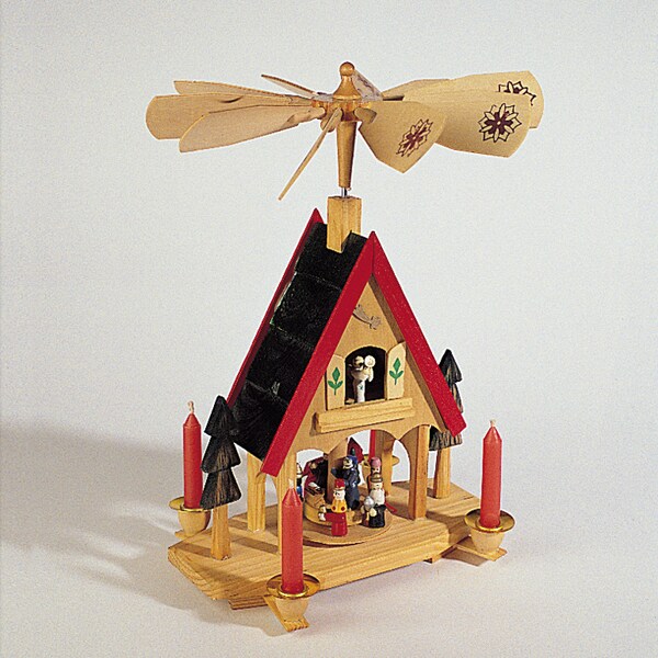 KSA 12" Wooden Alpine Windmill Christmas Nativity Carousel Table Top Candle Holder
