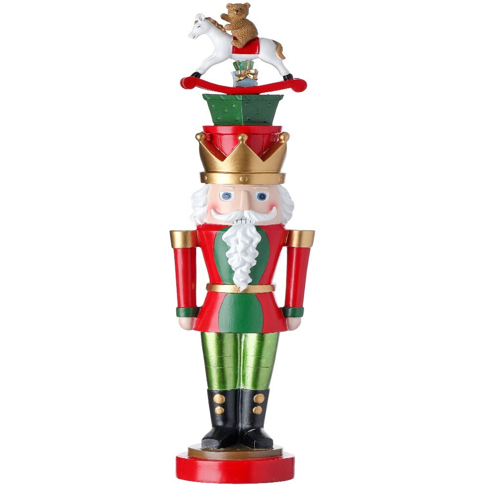 20&#x22; Resin Nutcracker with Gifts and Rocking Horse: Festive Christmas Decoration with Charming Details