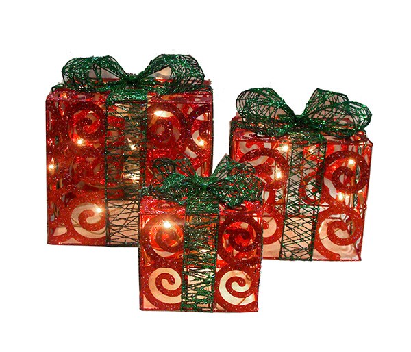 Alger Set of 3 Sparkling Red Pre-Lit Swirl Gift Boxes Christmas Yard Art Decor 13&#x22;