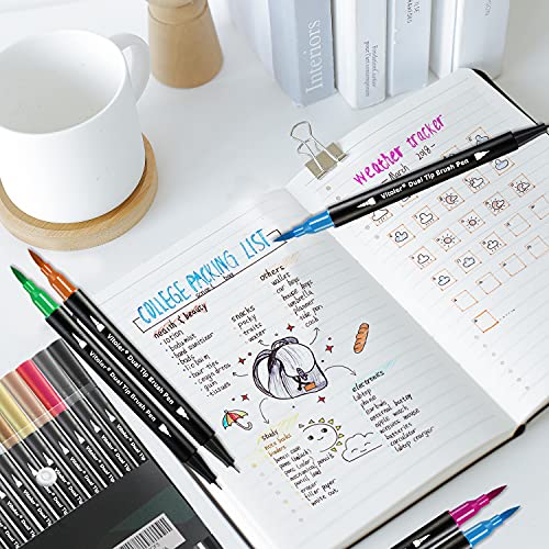 Dual Tip Brush Markers Colored Pen,Fine Point Journal Pens & Colored Brush Markers for Kid Adult Coloring Drawing Planner Calendar Art Projects(34 Colors Pen)