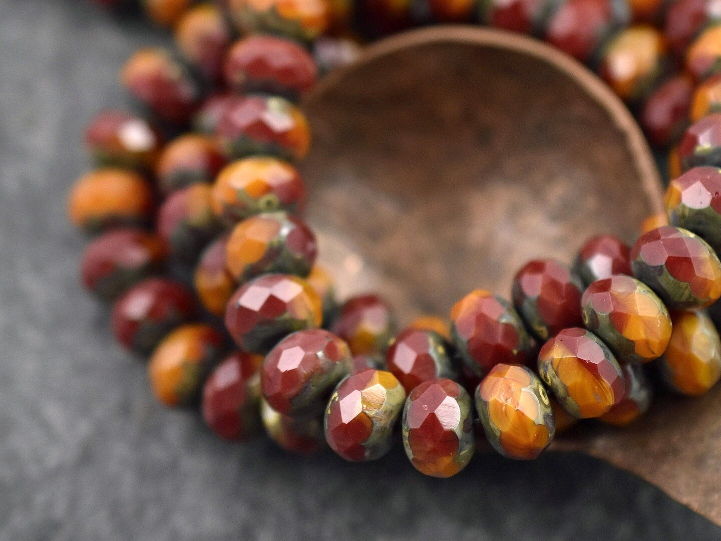 *25* 6x8mm Blended Red &#x26; Orange Opaline Picasso Fire Polished Rondelle Beads