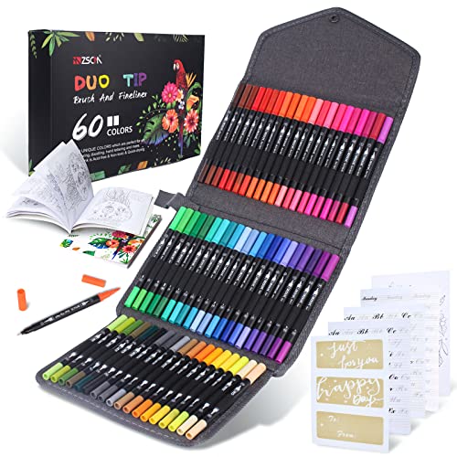 Duo Tip Brush Coloring Pens,60 Colors Art Markers,Fine &#x26; Brush Tip Pen for Adults Coloring Book Journals Planner Writing Drawing Note Taking, Include Brush Lettering Calligraphy