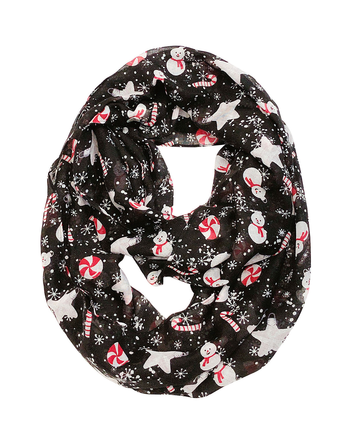 Wrapables Lightweight Winter Holiday Infinity Scarf, Snowman &#x26; Snowflakes Black