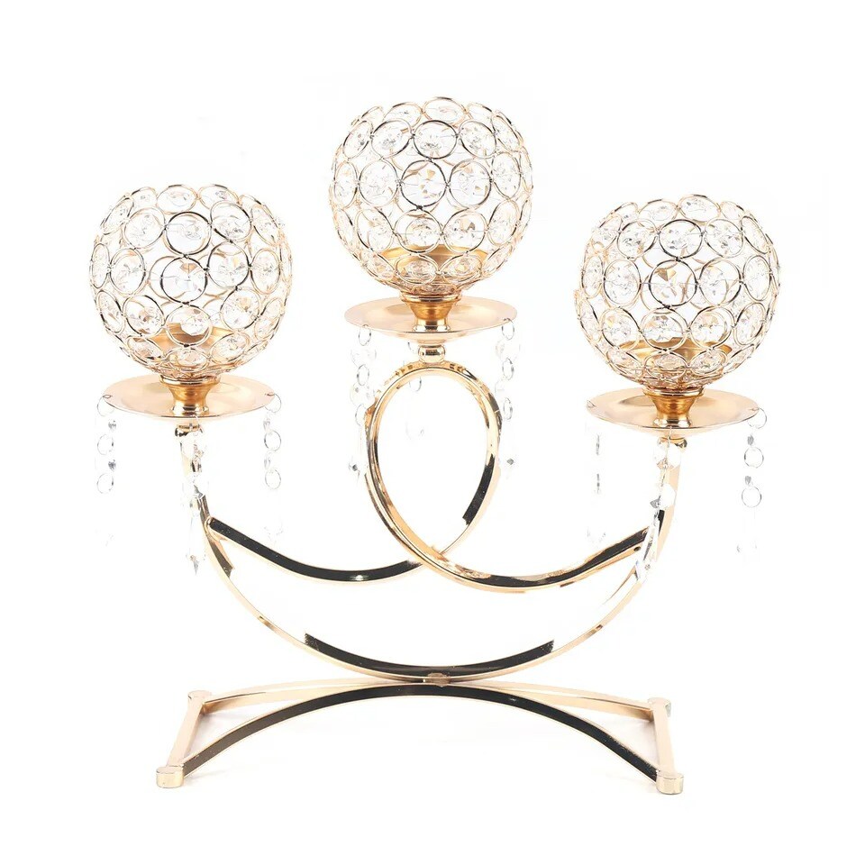 3 Arms Crystal Candle Holder Gold Table Centerpieces for Dining Room Table