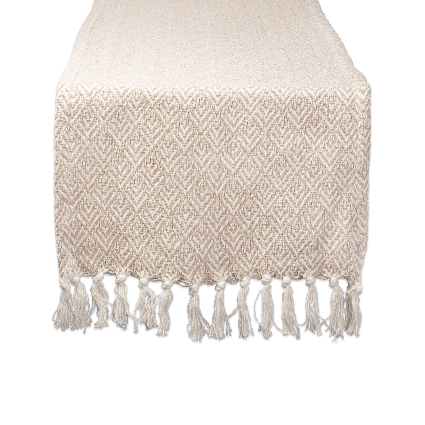 Contemporary Home Living Diamond Weave Table Runner with Tassels - 72&#x22; - Beige and White