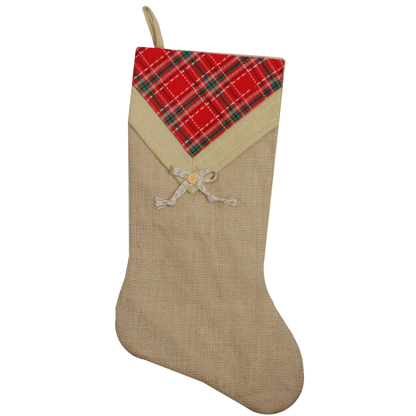 Northlight 20.5&#x22; Beige and Red Plaid V-Cuff Christmas Stocking