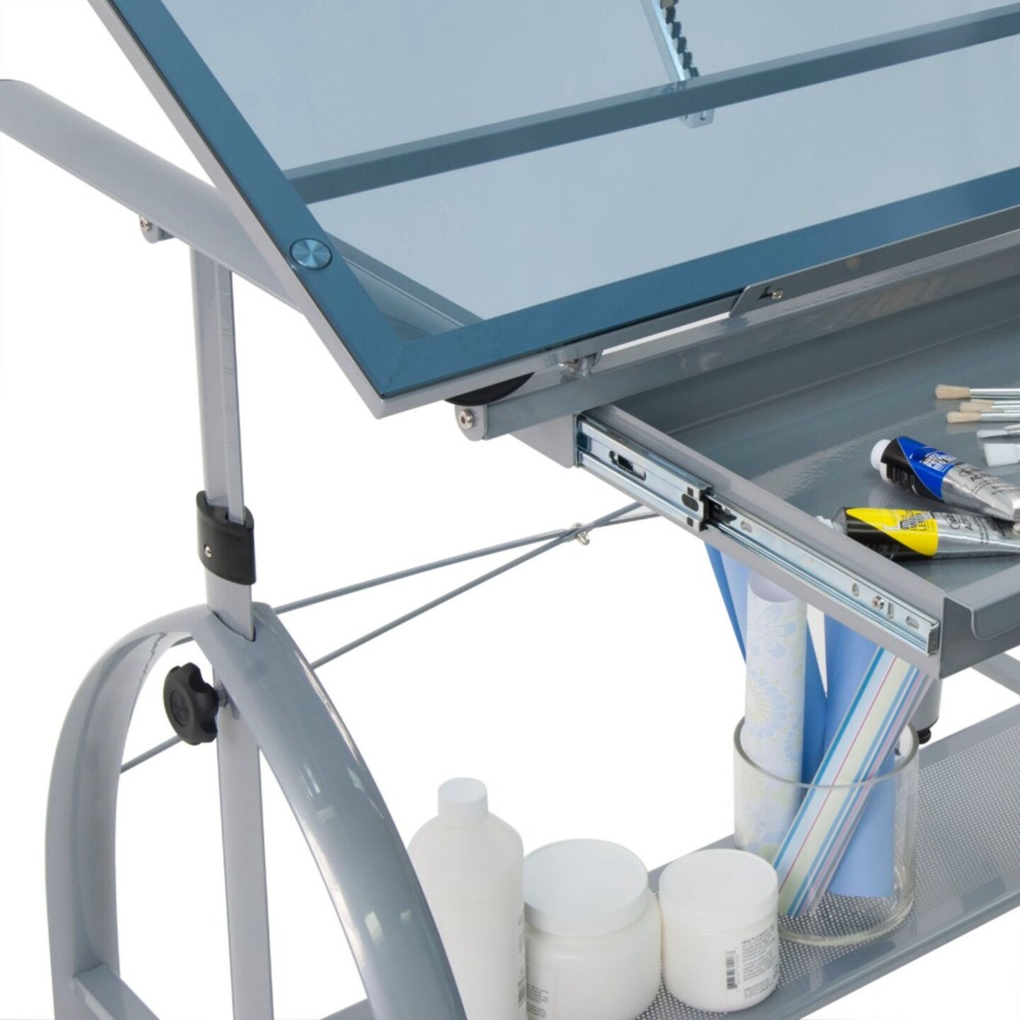 Offex Avanta Height Adjustable Blue Tempered Glass Top Drafting Table - Silver