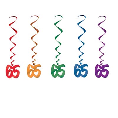 Beistle Pack of 30 Assorted Color 65th Birthday Metallic Spiral Hanging Party Decoration Whirls 36&#x22;