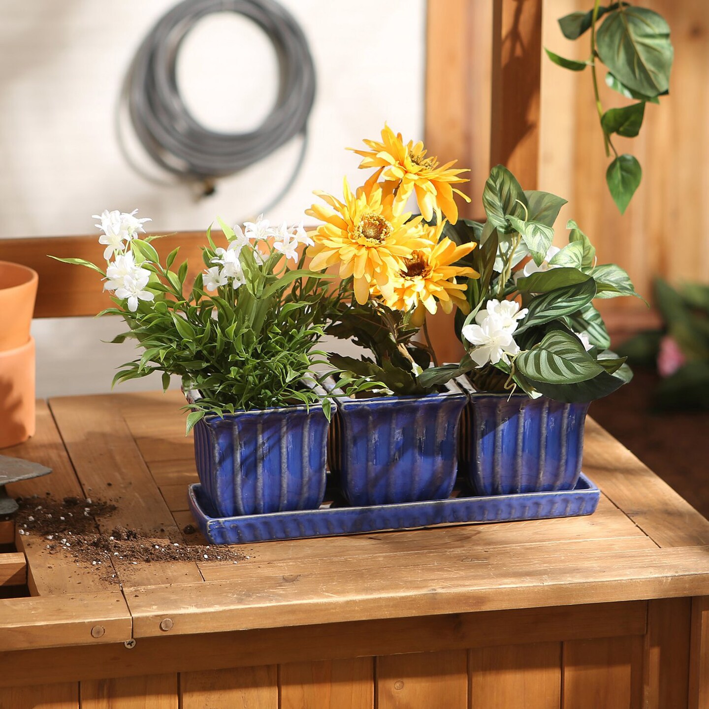 Accent Plus Home Decorative Ceramic Mini Planter Set - Blue Square