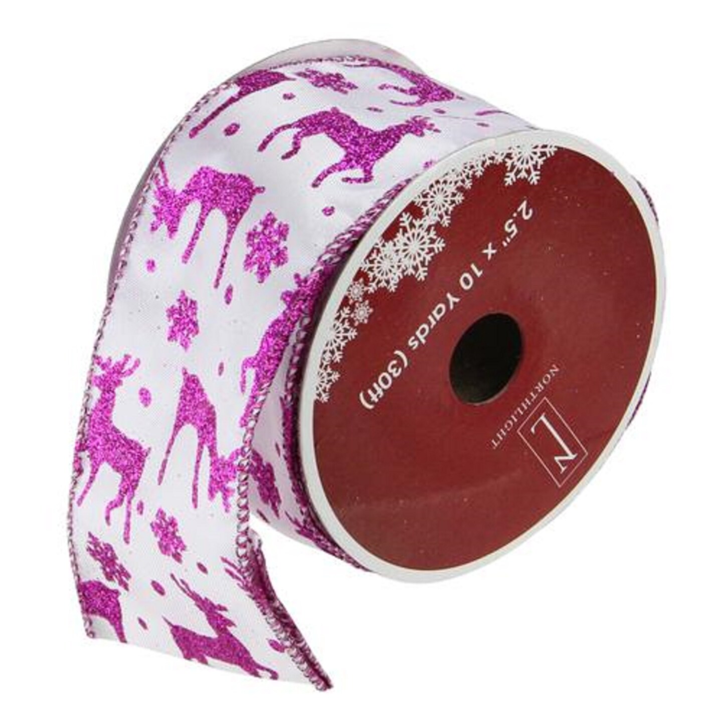 Northlight Glistening Purple Reindeer and Star Christmas Wired Craft Ribbon 2.5&#x22; x 10 Yards