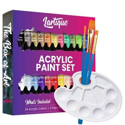 Lartique Acrylic Paint Set, 24 Color Craft Paint, with 3 Paint Brushes and Paint Palette