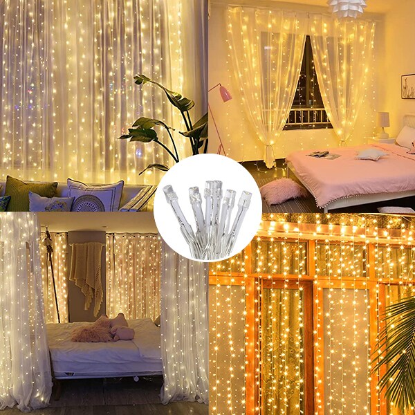 Perfect Holiday 300 LED Curtain String Lights Plug In - 8 Light Modes
