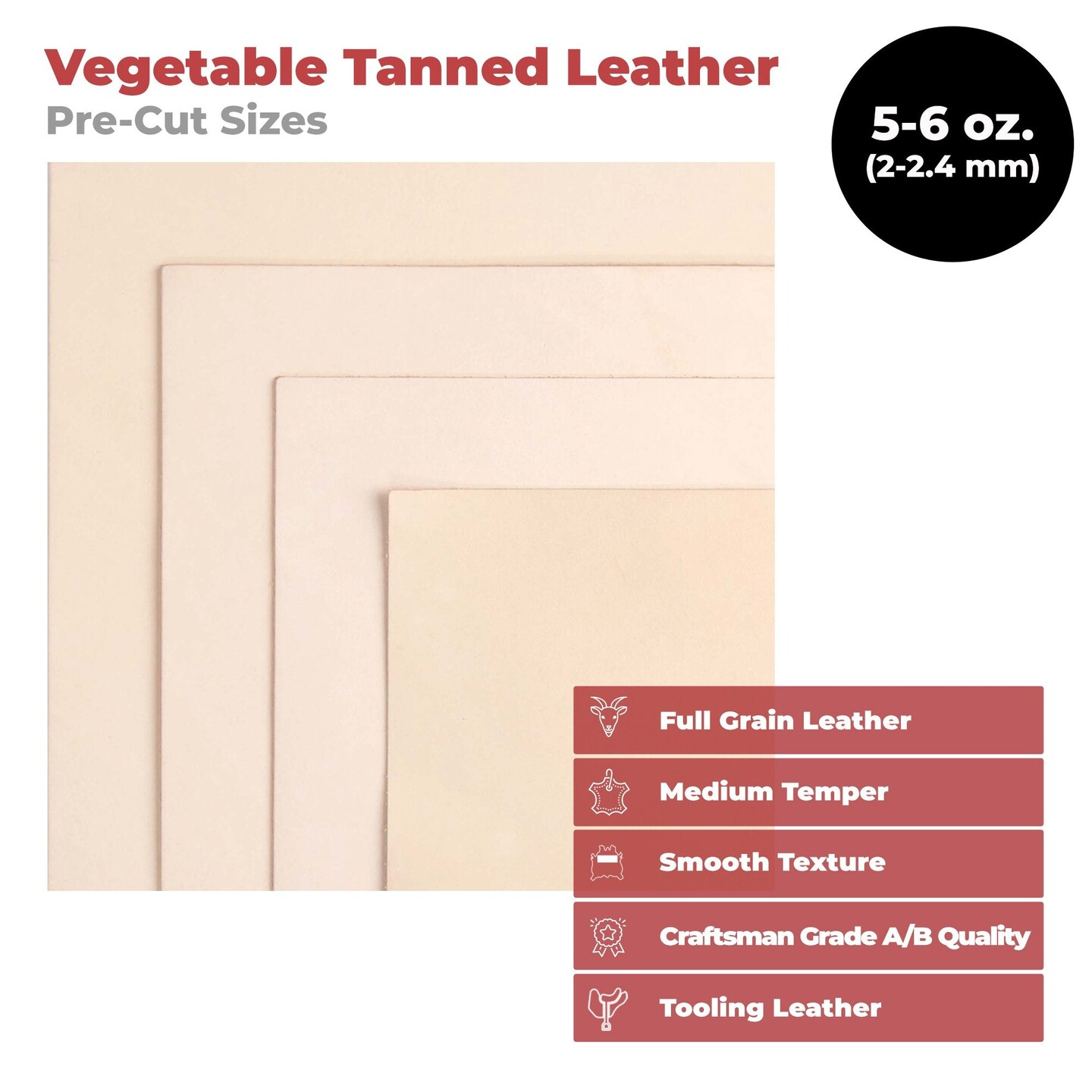 European Leather Work 5-6 oz. (2-2.4mm) Vegetable Tanned Leather Pre-Cut Full Grain Cowhide Leathercraft for Tooling, Engraving, Carving, Molding, Embossing, Stamping, &#x26; Dyeing