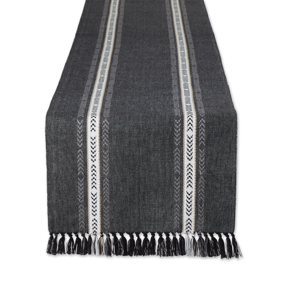 Contemporary Home Living Dobby Striped Fringe Ribbed Table Runner - 108&#x22; - Black