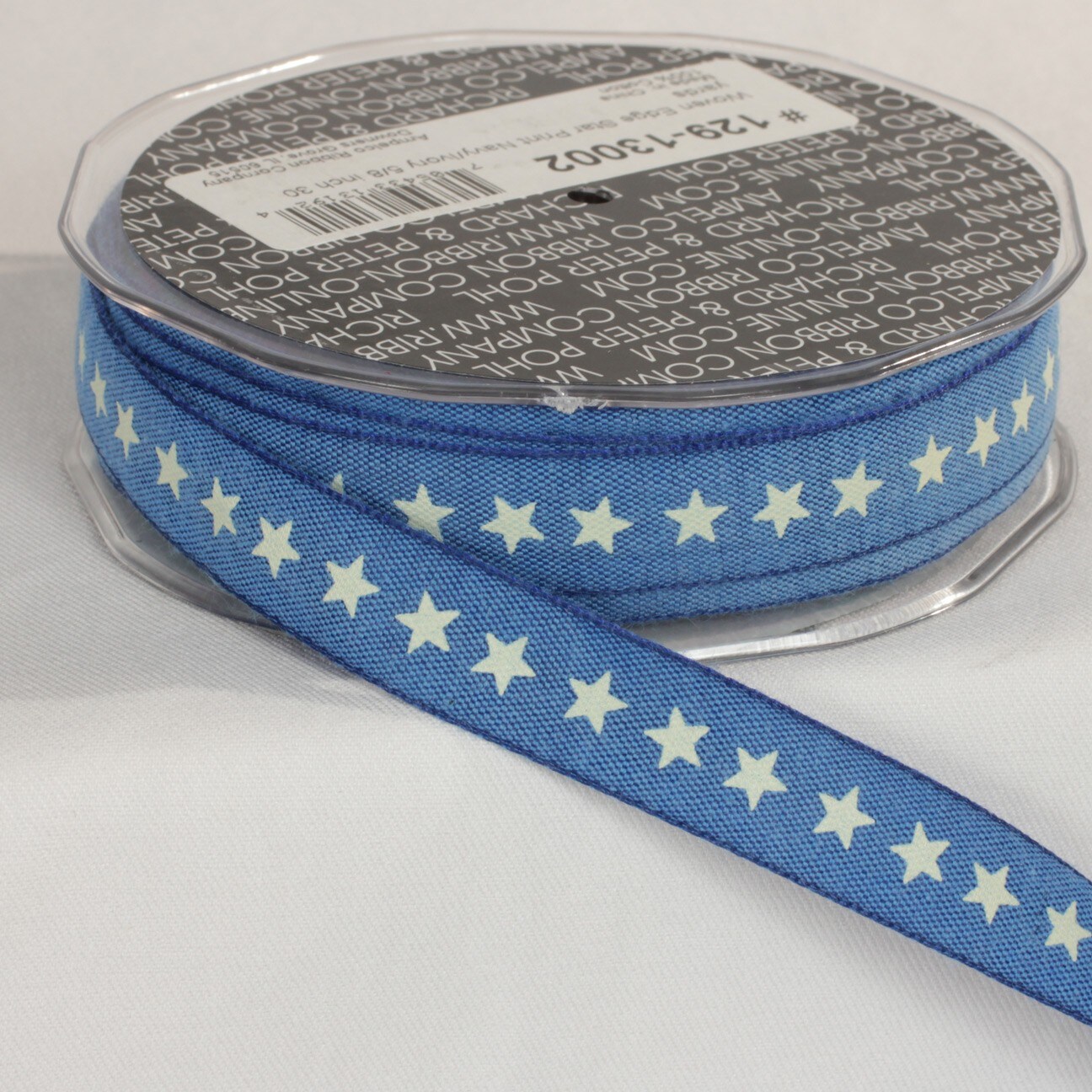 The Ribbon People Blue and Ivory Star Printed Woven Edge Craft Ribbon 0.62" x 60 Yards