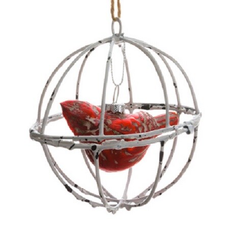 Allstate 4" Red and White Distressed Cardinal Wood Like Ball Cage Christmas Ornament