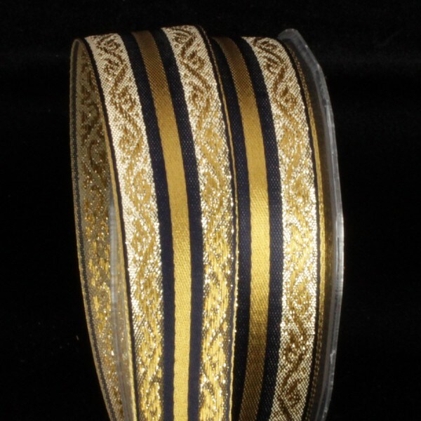 The Ribbon People Metallic Gold and Navy Blue Woven Striped Wired Craft Ribbon 1.25&#x22; x 27 Yards