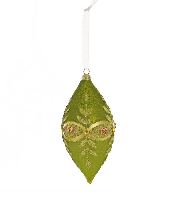Select Artificials 6.5&#x22; Green and Gold Beaded Glass Drop Christmas Ornament