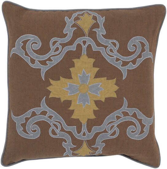 Diva At Home 18&#x22; Medieval Scrolls Brown, Blue and Gold Decorative Square Pillow - Down Filler