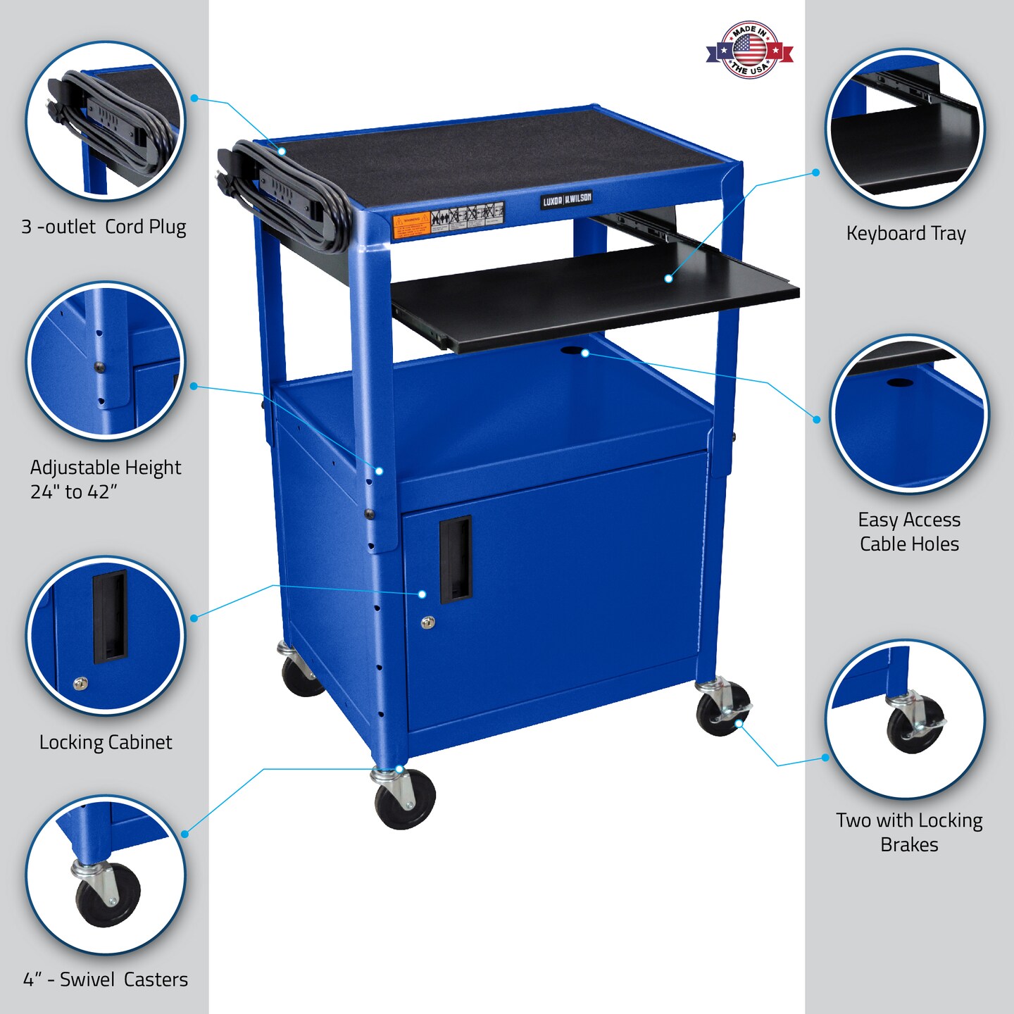 Luxor Office Multipurpose Height Adjustable Metal A/V Utility Cart with Pullout Keyboard Tray and Cabinet