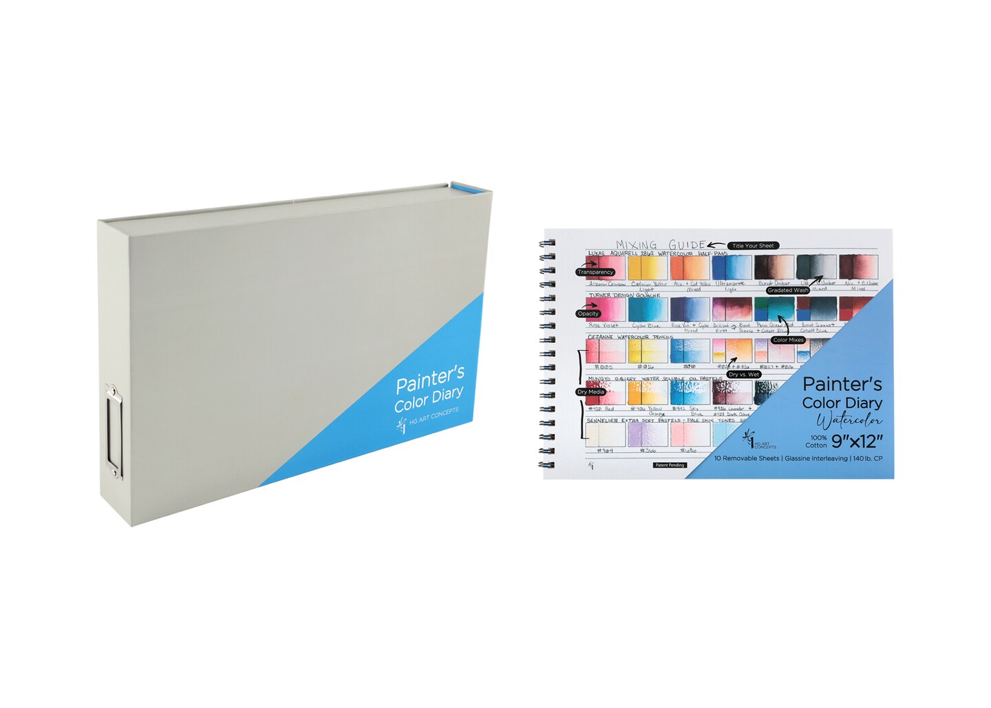 HG Art Concepts Painters Watercolor & Mixed Media Diary With Binder Case - 9x12" Spiral-Bound Acid-Free Color Swatch Book